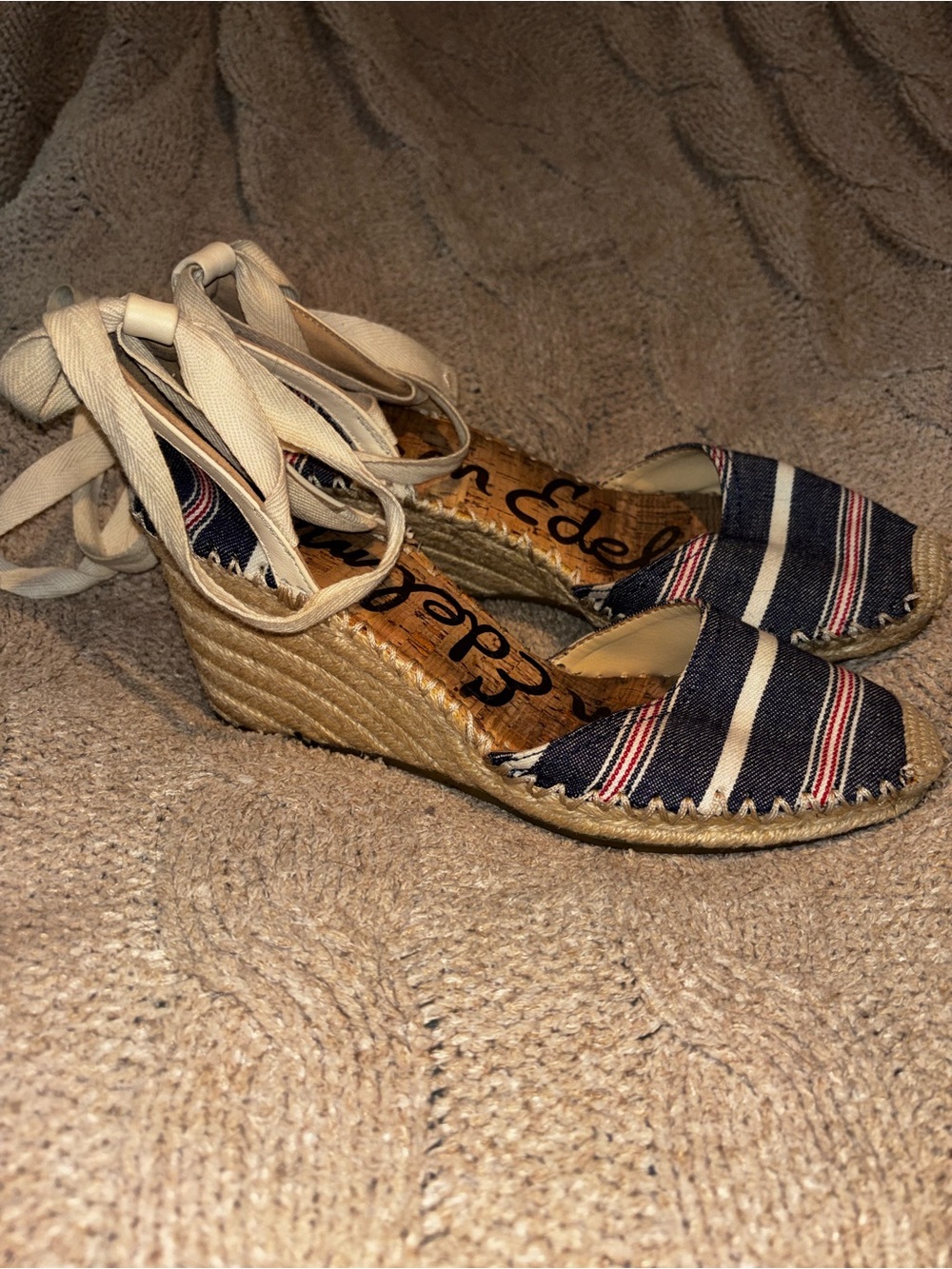 Sam Edelman Striped Denim Espadrille Wedge Sandals Navy White Red Size 8